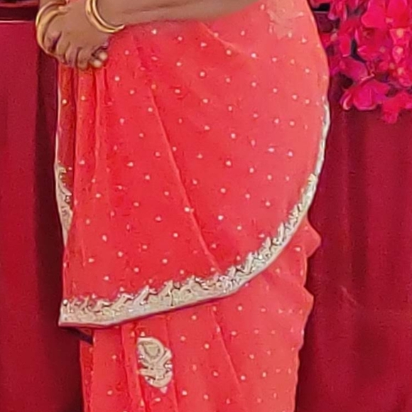 Elegant Coral Sari with Silver Accents - Picture 1 of 5